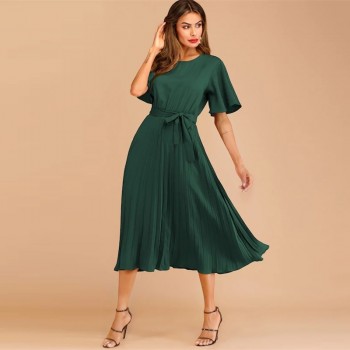 Sheinside Burgundy Button Keyhole Pleated Belted Dress Flounce Sleeve Women 2019 Spring Dresses Elegant Solid Ladies Dress