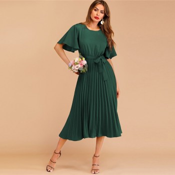 Sheinside Burgundy Button Keyhole Pleated Belted Dress Flounce Sleeve Women 2019 Spring Dresses Elegant Solid Ladies Dress