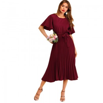 Sheinside Burgundy Button Keyhole Pleated Belted Dress Flounce Sleeve Women 2019 Spring Dresses Elegant Solid Ladies Dress