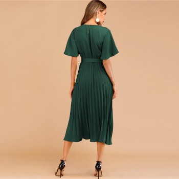 Sheinside Burgundy Button Keyhole Pleated Belted Dress Flounce Sleeve Women 2019 Spring Dresses Elegant Solid Ladies Dress