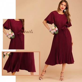 Sheinside Burgundy Button Keyhole Pleated Belted Dress Flounce Sleeve Women 2019 Spring Dresses Elegant Solid Ladies Dress