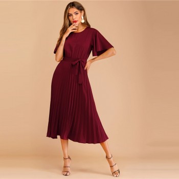 Sheinside Burgundy Button Keyhole Pleated Belted Dress Flounce Sleeve Women 2019 Spring Dresses Elegant Solid Ladies Dress