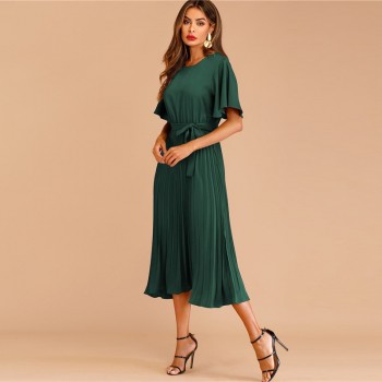 Sheinside Burgundy Button Keyhole Pleated Belted Dress Flounce Sleeve Women 2019 Spring Dresses Elegant Solid Ladies Dress