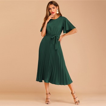 Sheinside Burgundy Button Keyhole Pleated Belted Dress Flounce Sleeve Women 2019 Spring Dresses Elegant Solid Ladies Dress