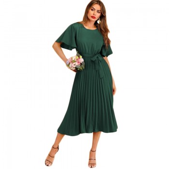 Sheinside Burgundy Button Keyhole Pleated Belted Dress Flounce Sleeve Women 2019 Spring Dresses Elegant Solid Ladies Dress