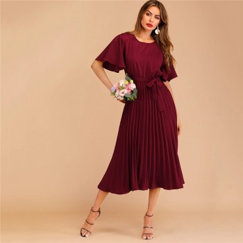 Sheinside Burgundy Button Keyhole Pleated Belted Dress Flounce Sleeve Women 2019 Spring Dresses Elegant Solid Ladies Dress