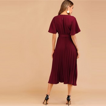 Sheinside Burgundy Button Keyhole Pleated Belted Dress Flounce Sleeve Women 2019 Spring Dresses Elegant Solid Ladies Dress