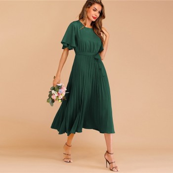 Sheinside Burgundy Button Keyhole Pleated Belted Dress Flounce Sleeve Women 2019 Spring Dresses Elegant Solid Ladies Dress