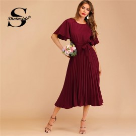 Sheinside Burgundy Button Keyhole Pleated Belted Dress Flounce Sleeve Women 2019 Spring Dresses Elegant Solid Ladies Dress