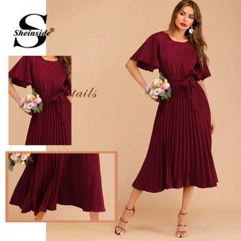 Sheinside Burgundy Button Keyhole Pleated Belted Dress Flounce Sleeve Women 2019 Spring Dresses Elegant Solid Ladies Dress