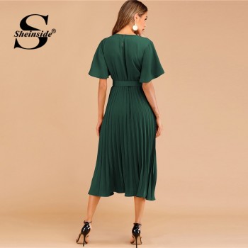 Sheinside Burgundy Button Keyhole Pleated Belted Dress Flounce Sleeve Women 2019 Spring Dresses Elegant Solid Ladies Dress