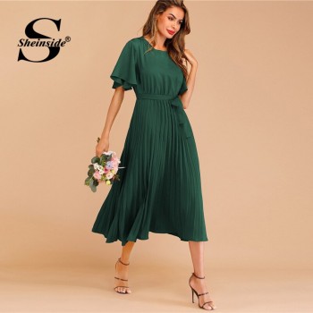 Sheinside Burgundy Button Keyhole Pleated Belted Dress Flounce Sleeve Women 2019 Spring Dresses Elegant Solid Ladies Dress