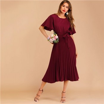 Sheinside Burgundy Button Keyhole Pleated Belted Dress Flounce Sleeve Women 2019 Spring Dresses Elegant Solid Ladies Dress