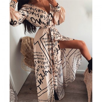 Autumn Long Maxi Dress Female Casual Loose Beach Dress Ankle-Length Empire V-Neck Long Split Dresses Vestidos Women Boho Dress