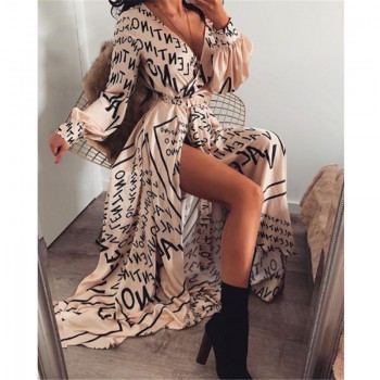 Autumn Long Maxi Dress Female Casual Loose Beach Dress Ankle-Length Empire V-Neck Long Split Dresses Vestidos Women Boho Dress