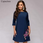 2018 Autumn Womens Fashion Appliques Dress Female O-Neck Three Quarter Sleeves Casual Loose Dress Lady Mini Party Dresses