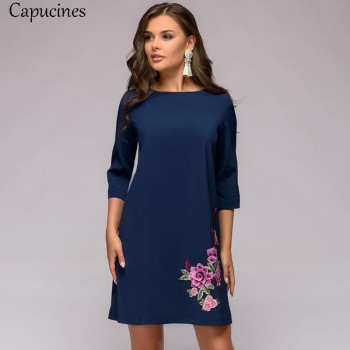 2018 Autumn Womens Fashion Appliques Dress Female O-Neck Three Quarter Sleeves Casual Loose Dress Lady Mini Party Dresses
