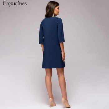 2018 Autumn Womens Fashion Appliques Dress Female O-Neck Three Quarter Sleeves Casual Loose Dress Lady Mini Party Dresses