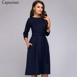 Women 2018 Autumn Solid Color Casual Dress Three Quarter Sleeves Sashes Pockets O-Neck Loose Mid-Calf Dresses Female Vestidos