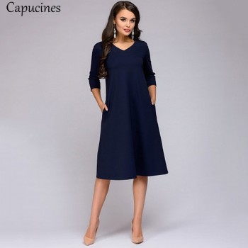 Women 2018 Autumn Solid Color Casual Dress Three Quarter Sleeves Sashes Pockets O-Neck Loose Mid-Calf Dresses Female Vestidos