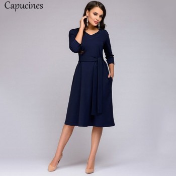 Women 2018 Autumn Solid Color Casual Dress Three Quarter Sleeves Sashes Pockets O-Neck Loose Mid-Calf Dresses Female Vestidos