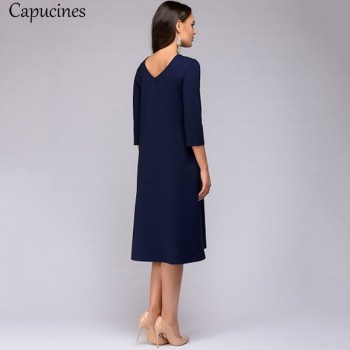 Women 2018 Autumn Solid Color Casual Dress Three Quarter Sleeves Sashes Pockets O-Neck Loose Mid-Calf Dresses Female Vestidos