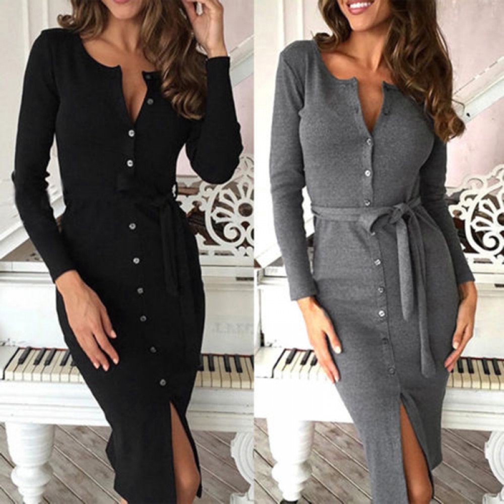 2018 New Autumn Winter Warm Dress Women Sexy Slim Bodycon Dress Female O neck Long Sleeve Knitted Dress Vestidos