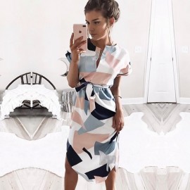 Summer Dress 2018 Women Boho Style Geometric Print Beach Dress Elegant Party Dresses with Belt Vestidos de fiesta Plus Size XXXL