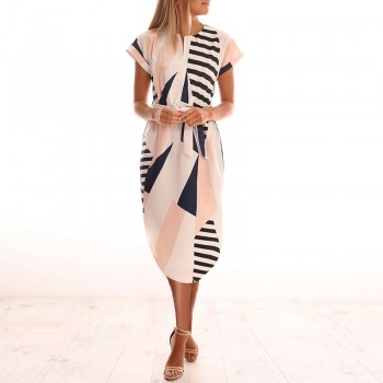Summer Dress 2018 Women Boho Style Geometric Print Beach Dress Elegant Party Dresses with Belt Vestidos de fiesta Plus Size XXXL
