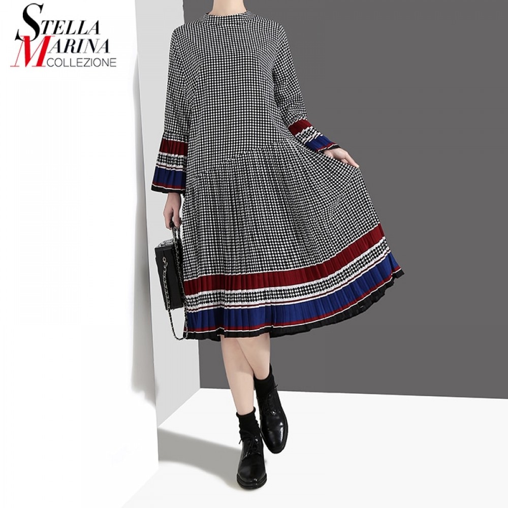 New 2019 Women Long Black Plaid Dress Spring Clothes Long Flare Sleeve Girls Casual Wear Dress Robe Femme Party Dress Style 4629