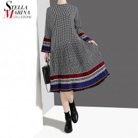 New 2019 Women Long Black Plaid Dress Spring Clothes Long Flare Sleeve Girls Casual Wear Dress Robe Femme Party Dress Style 4629