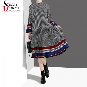 New 2019 Women Long Black Plaid Dress Spring Clothes Long Flare Sleeve Girls Casual Wear Dress Robe Femme Party Dress Style 4629