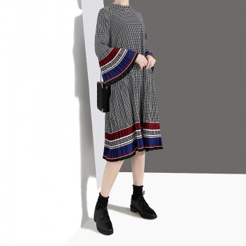 New 2019 Women Long Black Plaid Dress Spring Clothes Long Flare Sleeve Girls Casual Wear Dress Robe Femme Party Dress Style 4629