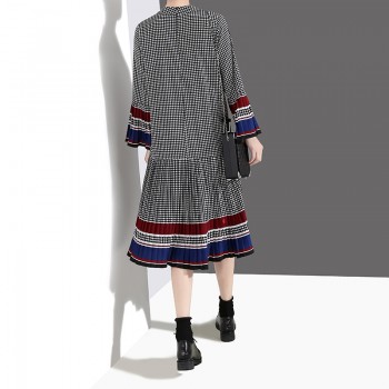 New 2019 Women Long Black Plaid Dress Spring Clothes Long Flare Sleeve Girls Casual Wear Dress Robe Femme Party Dress Style 4629