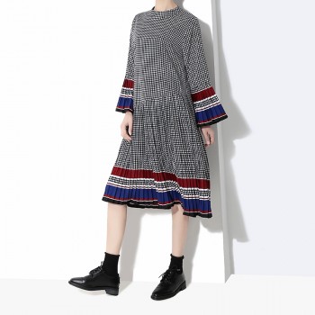 New 2019 Women Long Black Plaid Dress Spring Clothes Long Flare Sleeve Girls Casual Wear Dress Robe Femme Party Dress Style 4629