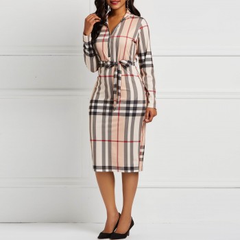 Clocolor Vintage Plaid Dress Autumn Winter Long Sleeve Plus Size Office Ladies Work Wear Sexy Party Elegant Women Midi Dress