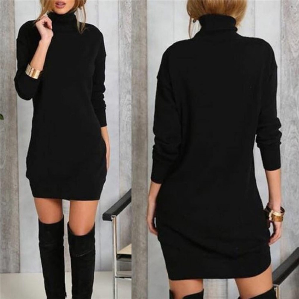 Hot Sale Warm Turtleneck Long Sleeve Dress Charm Women Vestidos 2018 Fall Winter Cotton Blend Mini Dress Casual Solid Dresses