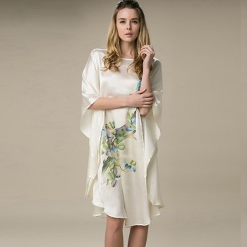 100% Silk Satin Dress Women Silk Dresses Natural Silk Free Size Handmade Painted Dress Milk White Free Shipping