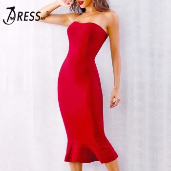 INDRESSME Women Bandage Dress Strapless Fishtail Mid-Calf Bodycon Club Party Dresses For Lady Vestidos 2019 New Fashion Hot