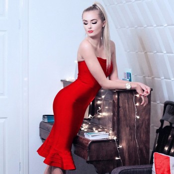 INDRESSME Women Bandage Dress Strapless Fishtail Mid-Calf Bodycon Club Party Dresses For Lady Vestidos 2019 New Fashion Hot