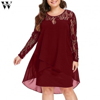 Women Dress Plus Size Sheer Lace Sleeve High Low Hem O-Neck Swing Dress Casual party dresses large sizes 5XL dropship d7