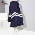 2018 Women Winter Long Blue Black Striped Pleated Dress Long Sleeve Female Casual Wear Plus Size Dresses robe femme Style 3814