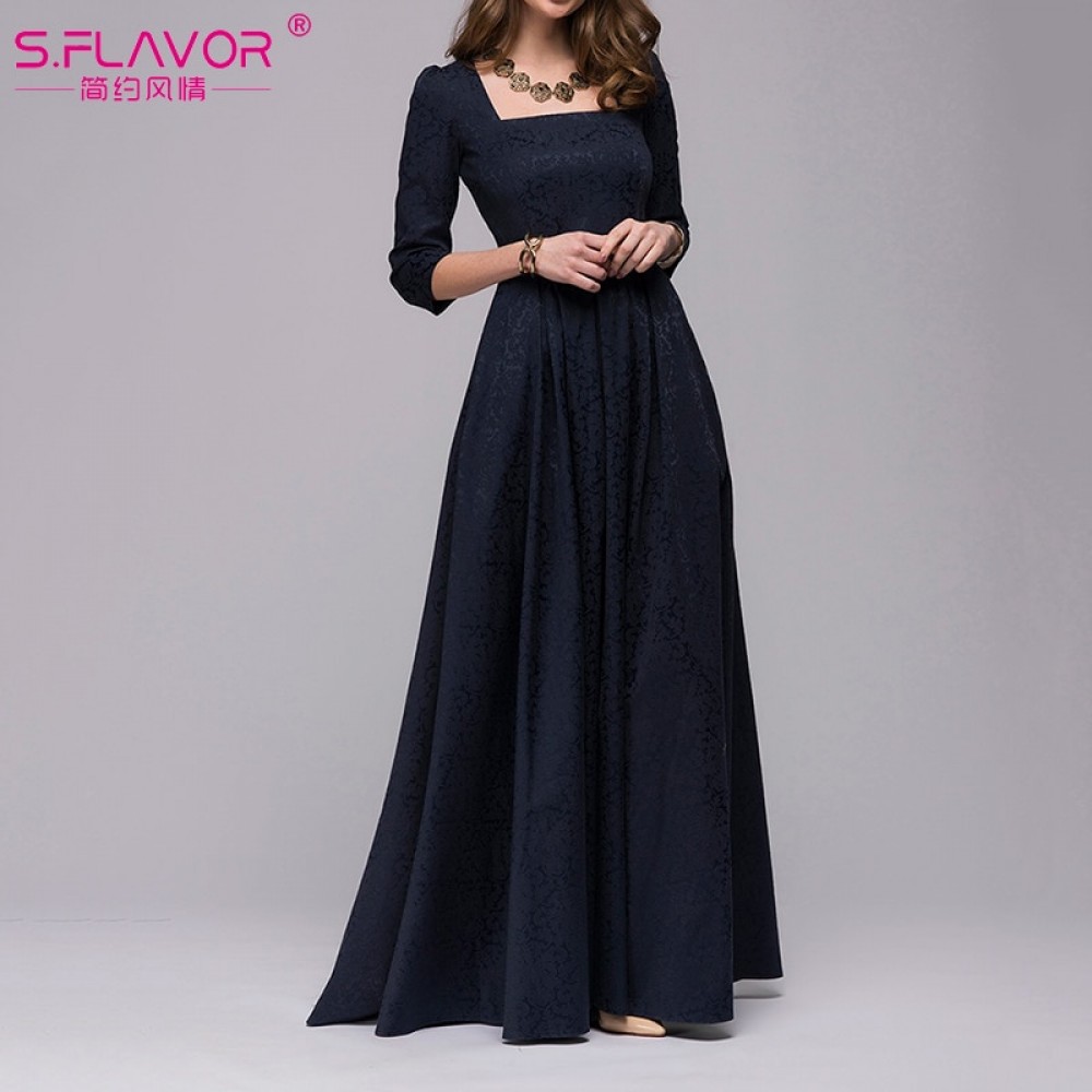 S.FLAVOR Women Vintage square collar long dress New Elegant solid color 3/4 sleeve party vestidos Casual Spring autumn dress