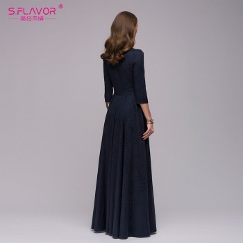 S.FLAVOR Women Vintage square collar long dress New Elegant solid color 3/4 sleeve party vestidos Casual Spring autumn dress