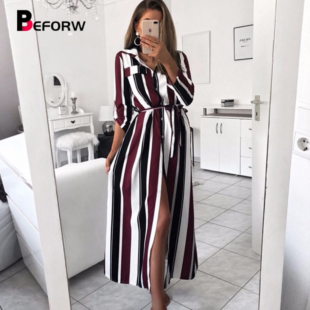 BEFORW 2018 Office Lady Turn-Down Collar Button Lace Up Long Shirt Dress Women Autumn Winter Long Sleeve Stripe Maxi Dresses