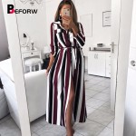 BEFORW 2018 Office Lady Turn-Down Collar Button Lace Up Long Shirt Dress Women Autumn Winter Long Sleeve Stripe Maxi Dresses