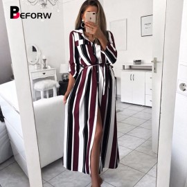 BEFORW 2018 Office Lady Turn-Down Collar Button Lace Up Long Shirt Dress Women Autumn Winter Long Sleeve Stripe Maxi Dresses