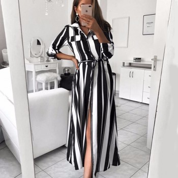 BEFORW 2018 Office Lady Turn-Down Collar Button Lace Up Long Shirt Dress Women Autumn Winter Long Sleeve Stripe Maxi Dresses