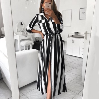 BEFORW 2018 Office Lady Turn-Down Collar Button Lace Up Long Shirt Dress Women Autumn Winter Long Sleeve Stripe Maxi Dresses