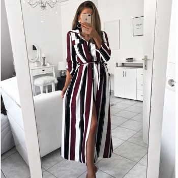 BEFORW 2018 Office Lady Turn-Down Collar Button Lace Up Long Shirt Dress Women Autumn Winter Long Sleeve Stripe Maxi Dresses